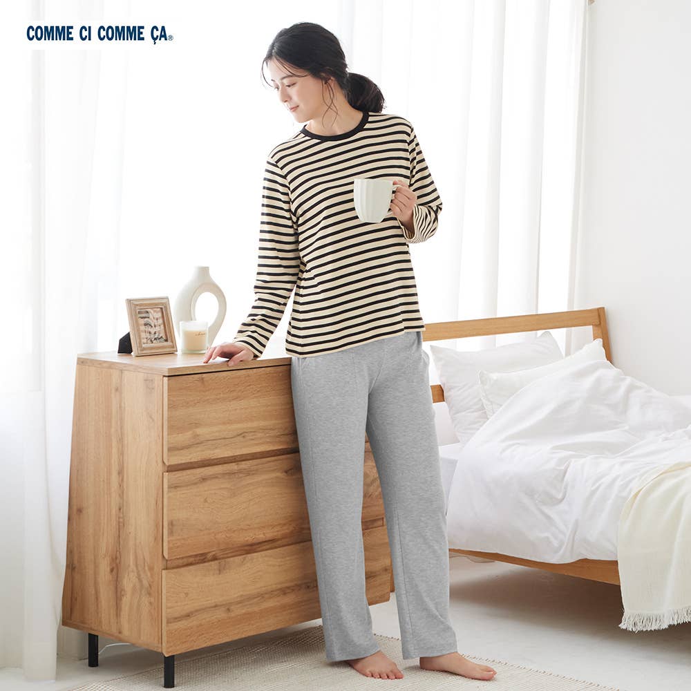 【混棉】 色織雙面平針織長袖長褲條紋家居服 【SALE】